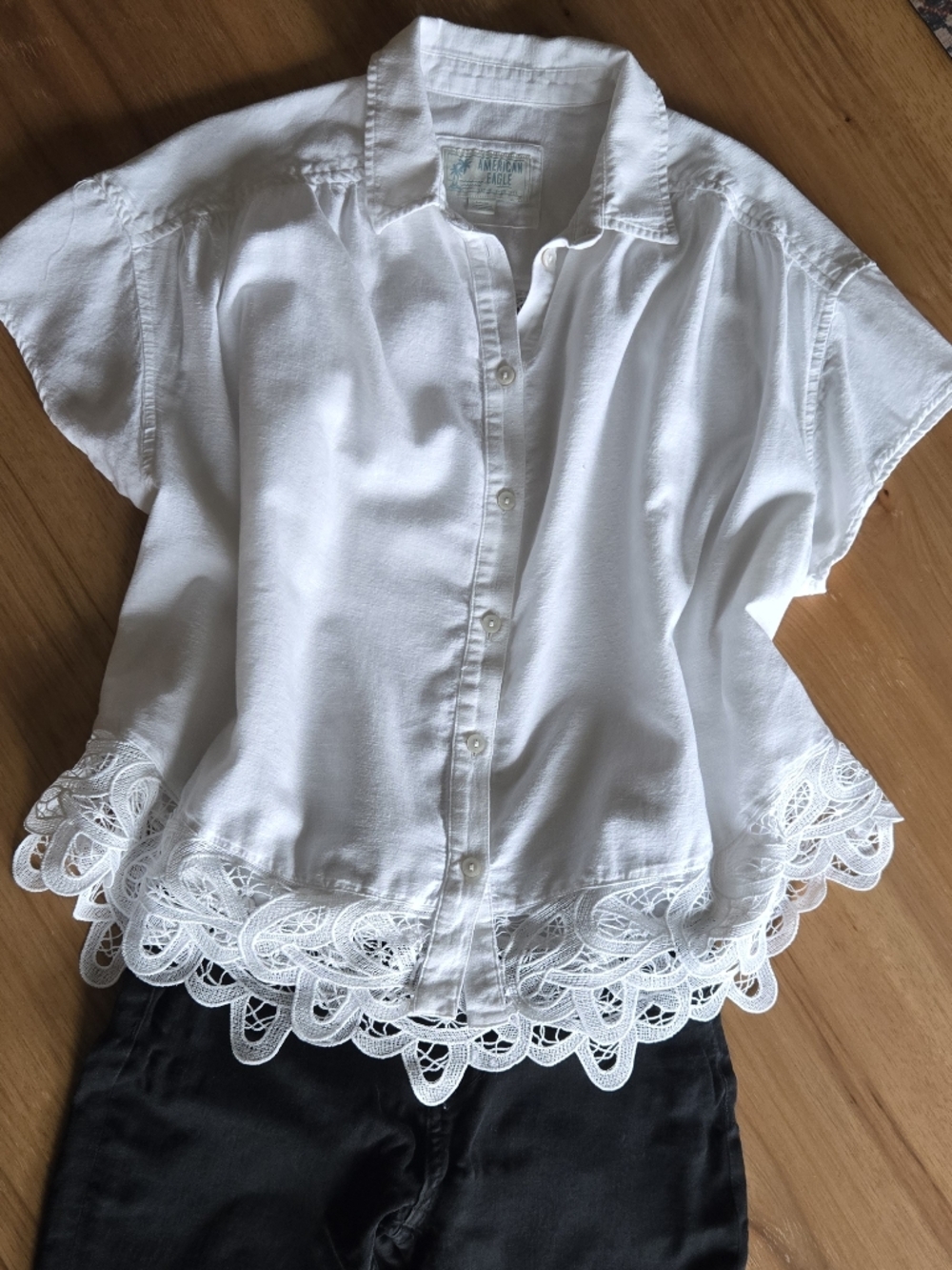 American Eagle Lace Trim Button Front Top | Size S | White Boho Blouse